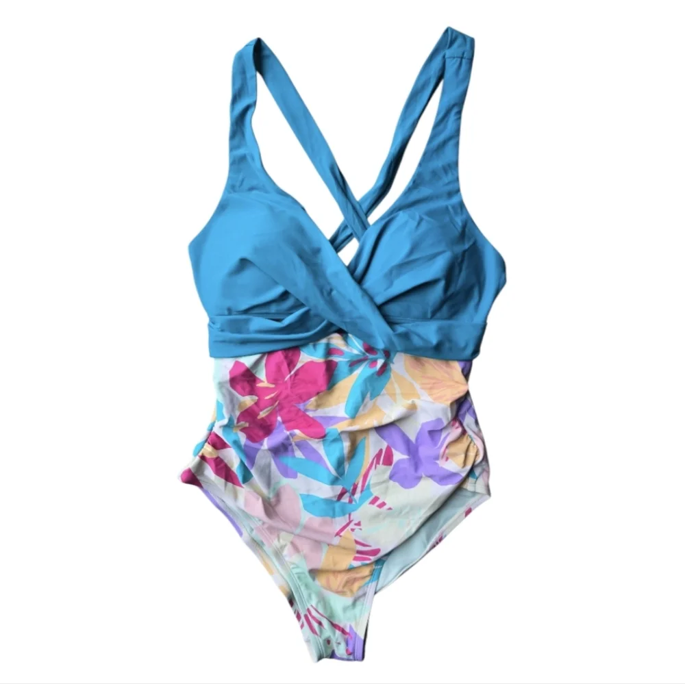 Mult Spring Molded Twist Front Tummy Control Plus Size One Piece